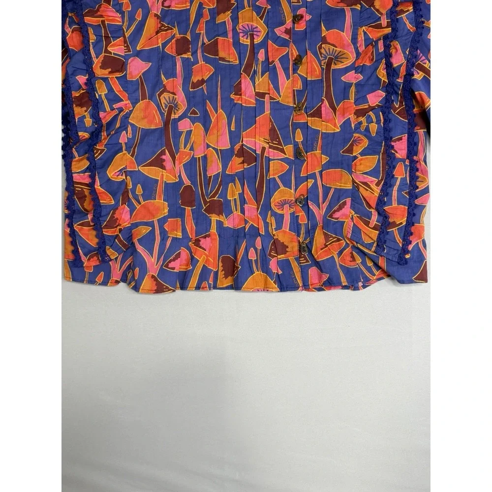 Farm Rio Bright Blue Mushroom Sketch Blouse Buttons M NEW Statement